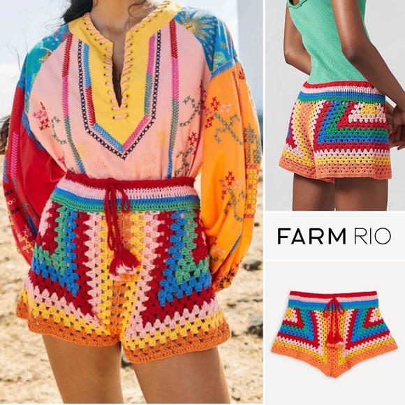 FARM Rio Striped Scarf Crochet Cotton High Rise Tassel Tie-Waist Shorts XS NWT - Picture 1 of 16